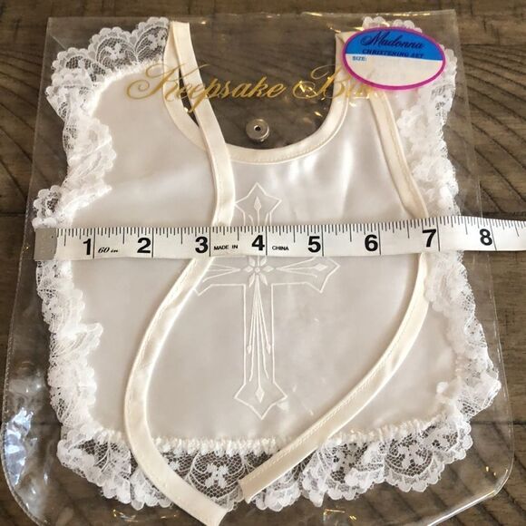 Madonna Christening Bib Lace and Satin w/Snap Keepsake Bib Holder Made in USA - Picture 15 of 17